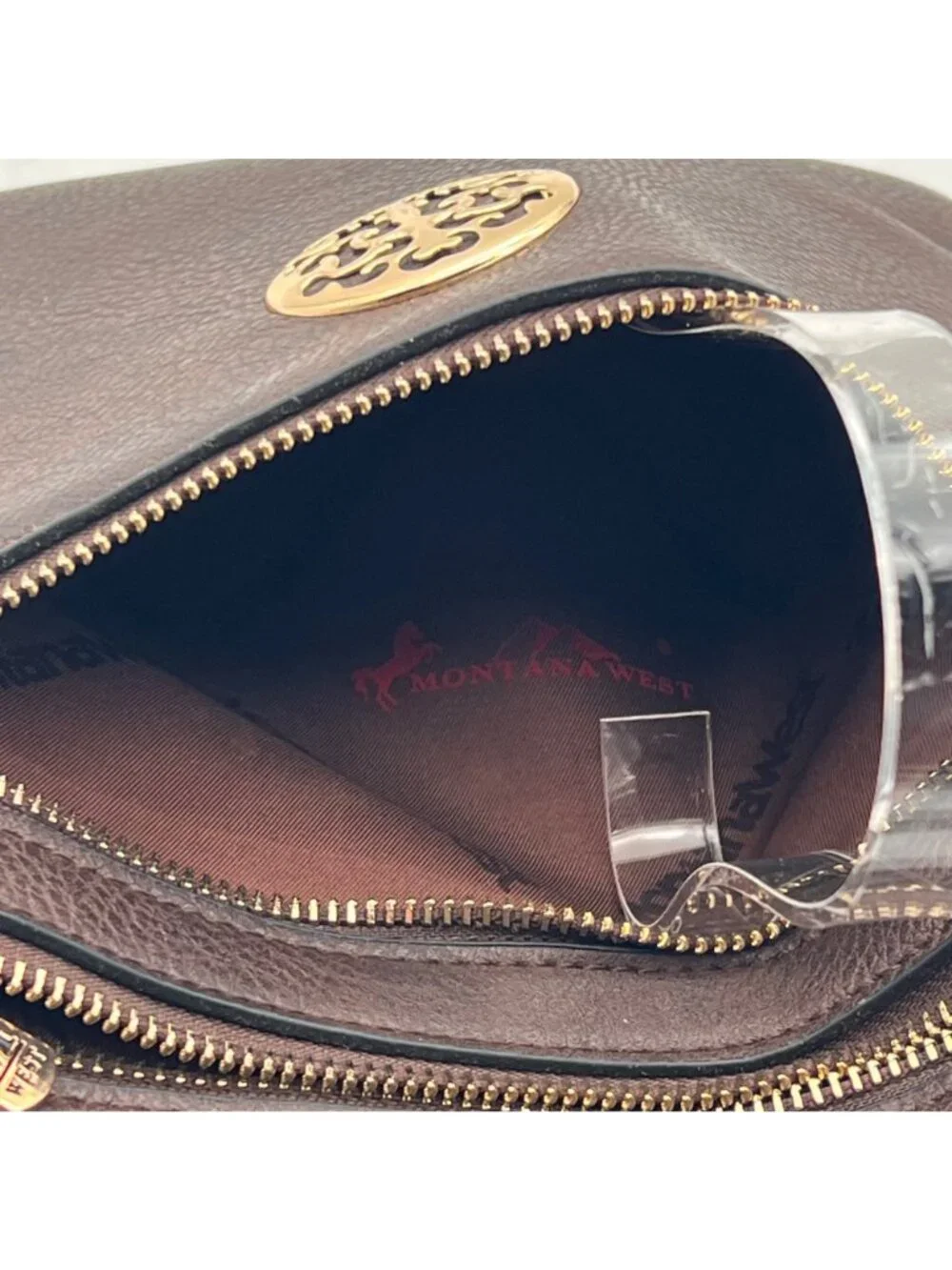 Montana West Brown Faux Leather Crossbody Bag Gold Accents Zippered Compartments - Picture 6 of 14